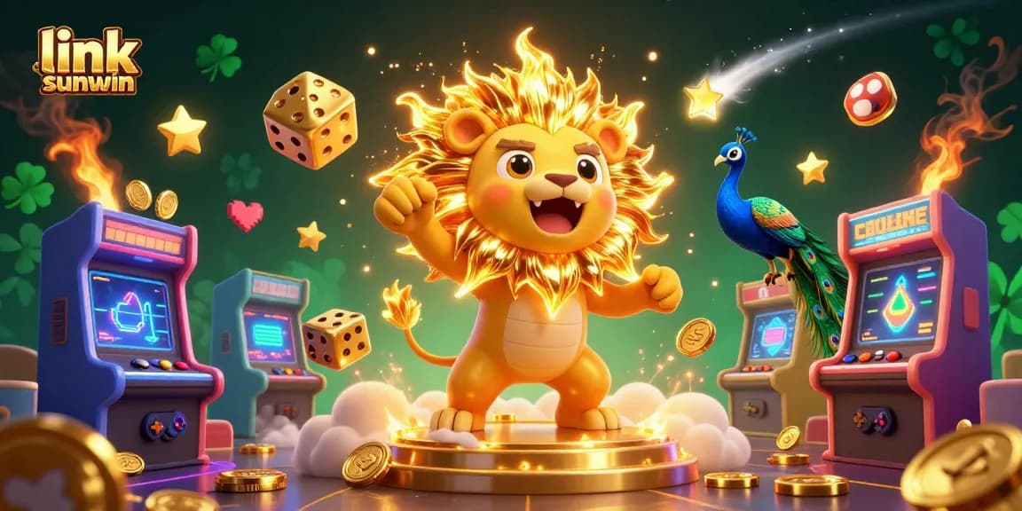 Join the action at link sunwin with a roaring sun lion and vibrant casino elements in this dynamic illustration.