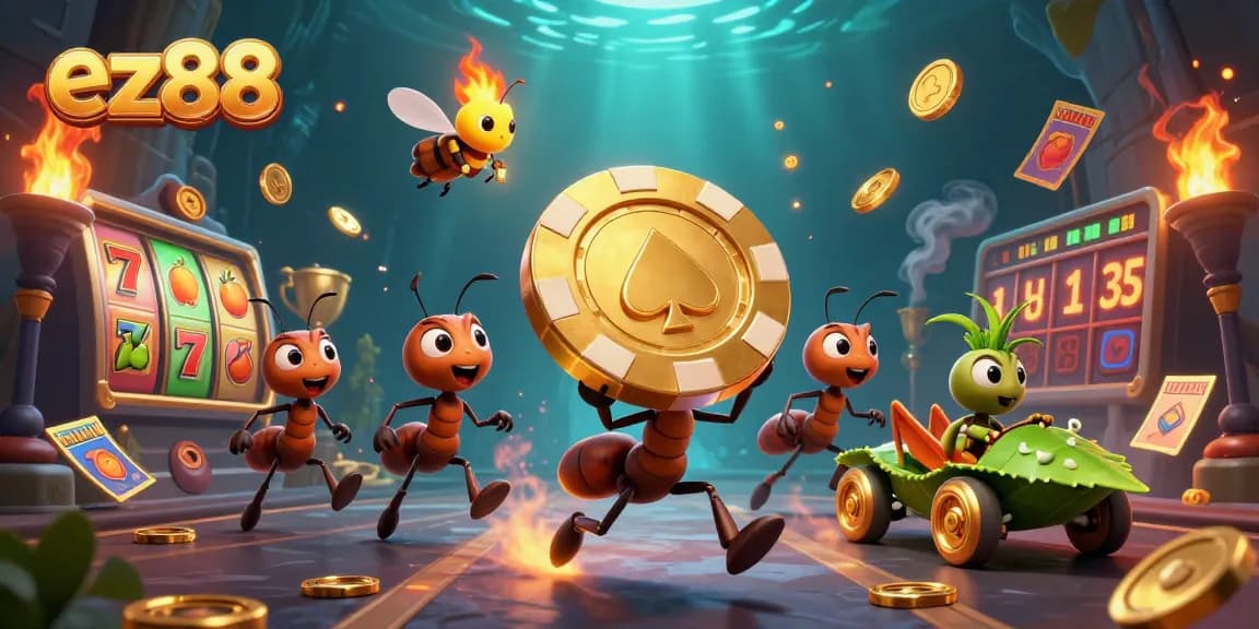 Experience the thrilling ez88 heist with ants carrying a giant poker chip surrounded by casino action.