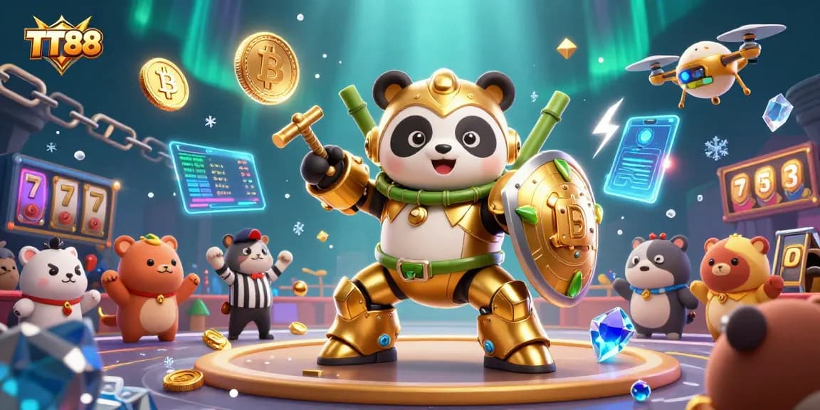 Experience the excitement of TT88 as a mech-piloted panda engages in thrilling casino battles with dynamic game elements.