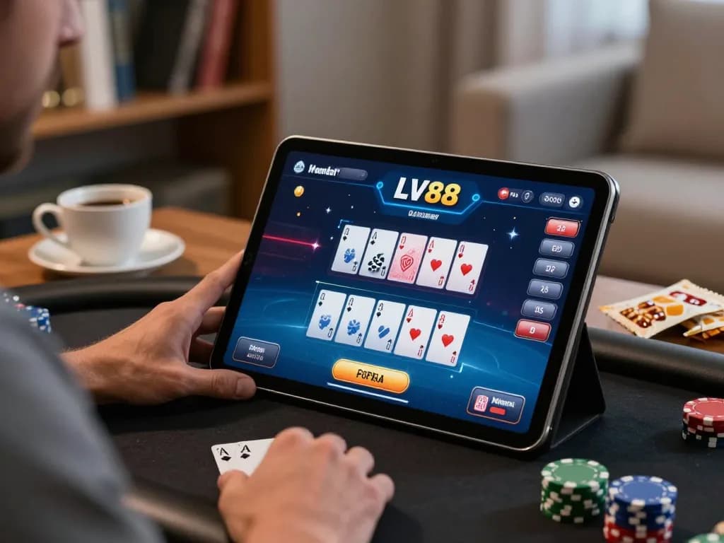 Experience LV88 poker gameplay on a tablet in a cozy home setting.