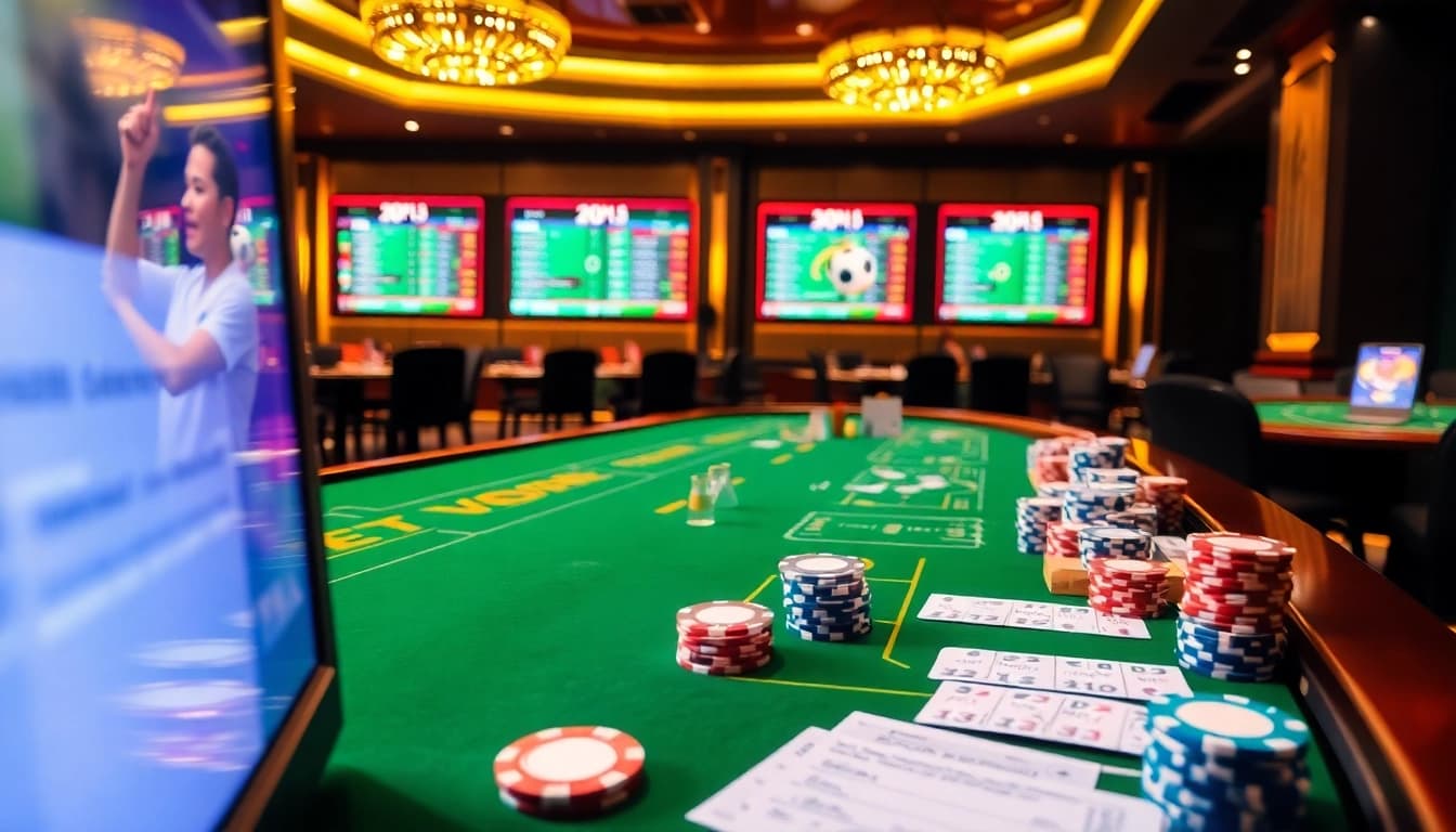 Exciting Judi Bola action with vibrant betting slips and odds displayed on casino tables.