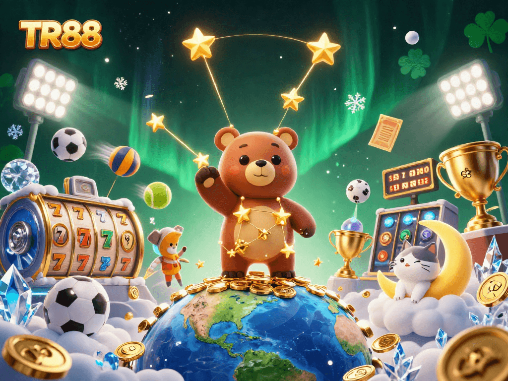 Engage with TR88's vibrant slots scene featuring a constellation bear, coins, and sports elements.