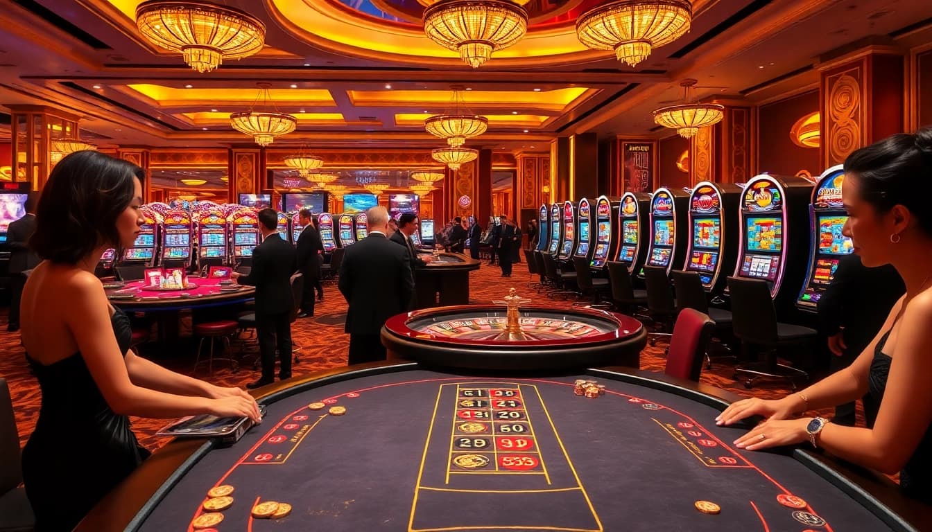 Gamequeen casino scene with players enjoying blackjack and a spinning roulette wheel.