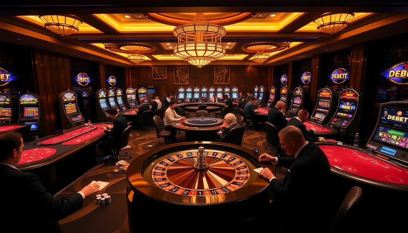 Experience the excitement of DEBET with players at casino tables and a vibrant roulette wheel.