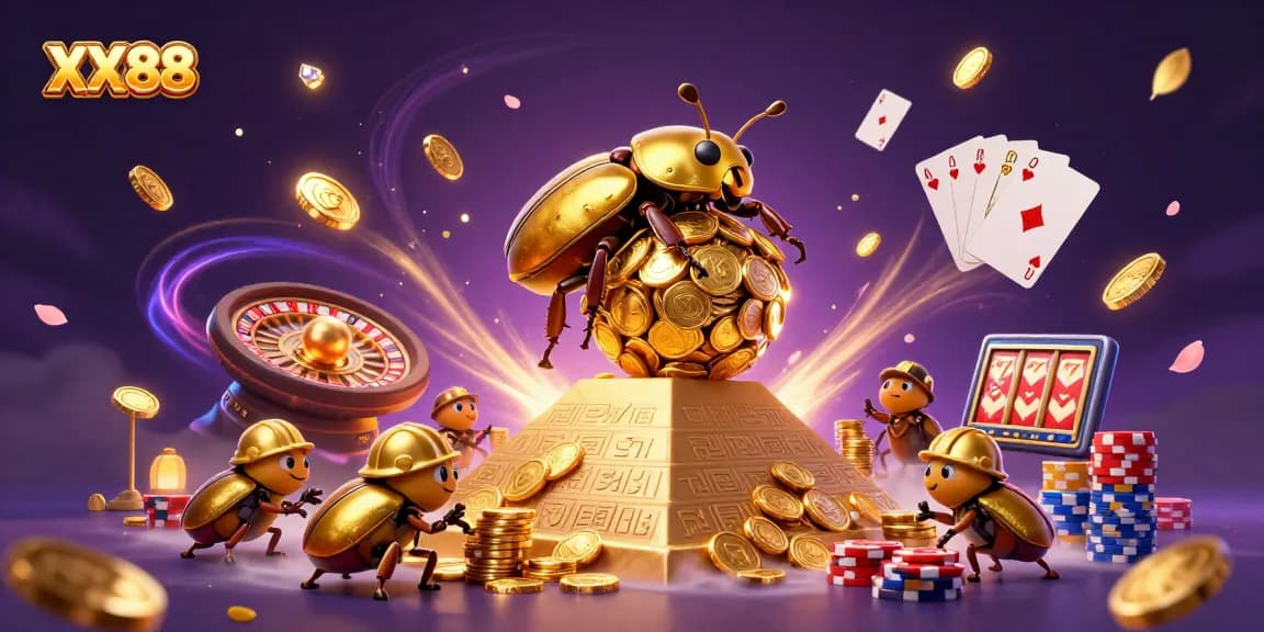 Experience the thrill of XX88 with a vibrant casino scene featuring golden beetles and scattered coins.