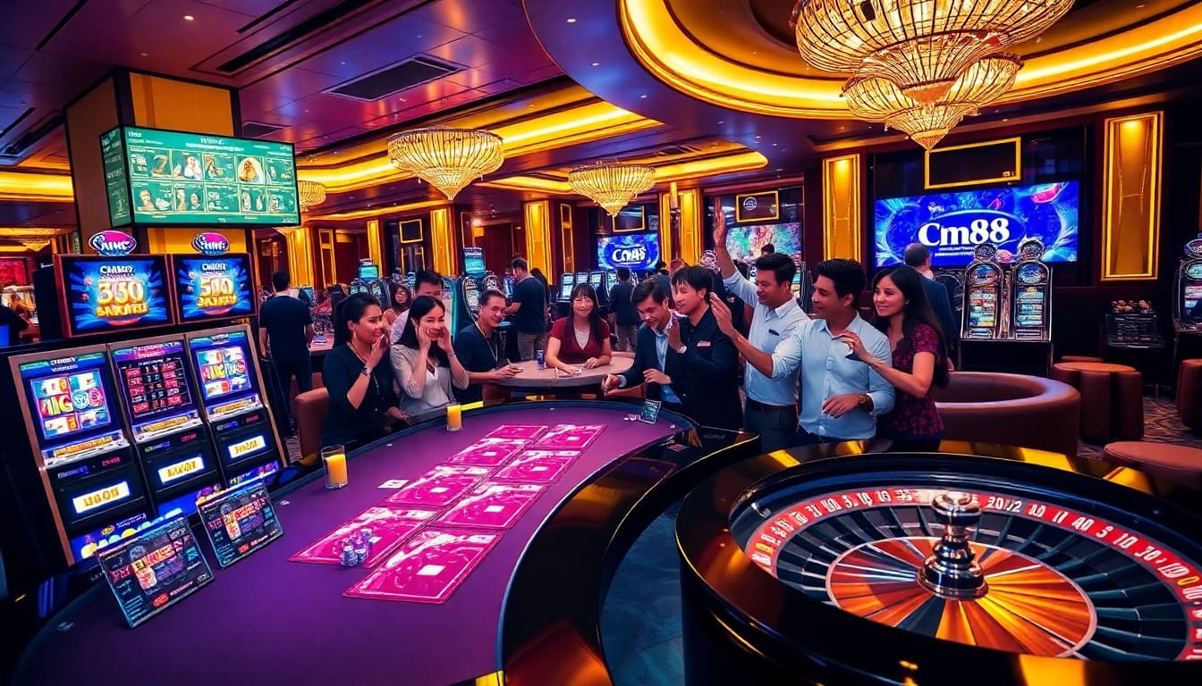 Experience thrilling bets at Nhà cái cm88 with vibrant visuals of casino tables and players in action.