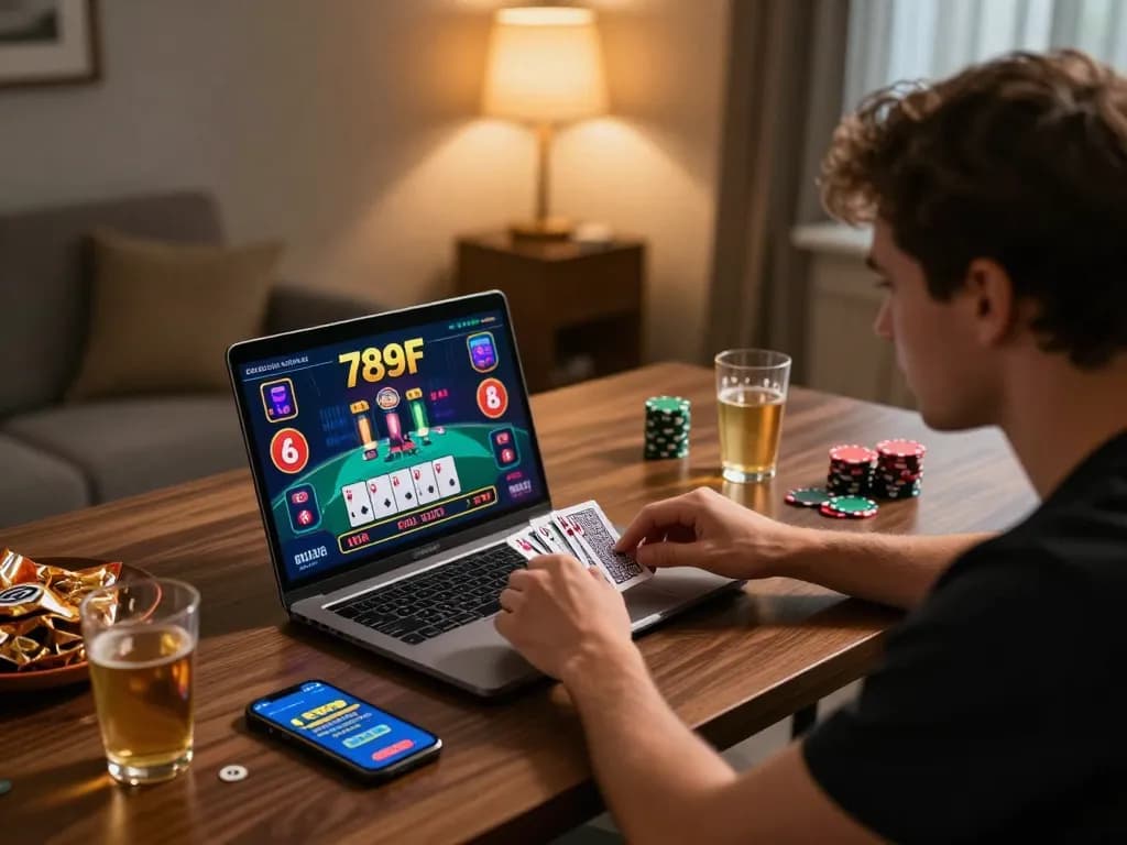 Player engaging with 789F online casino on laptop for a strategic gaming experience.