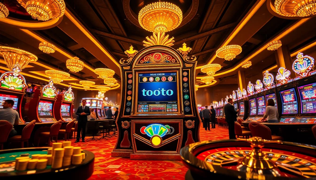 Mesin slot Toto dikelilingi oleh pemain yang bersemangat di kasino yang semarak.