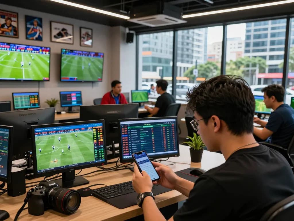 Engaged sports bettor analyzing kèo nhà cái updates in a high-energy betting hub.