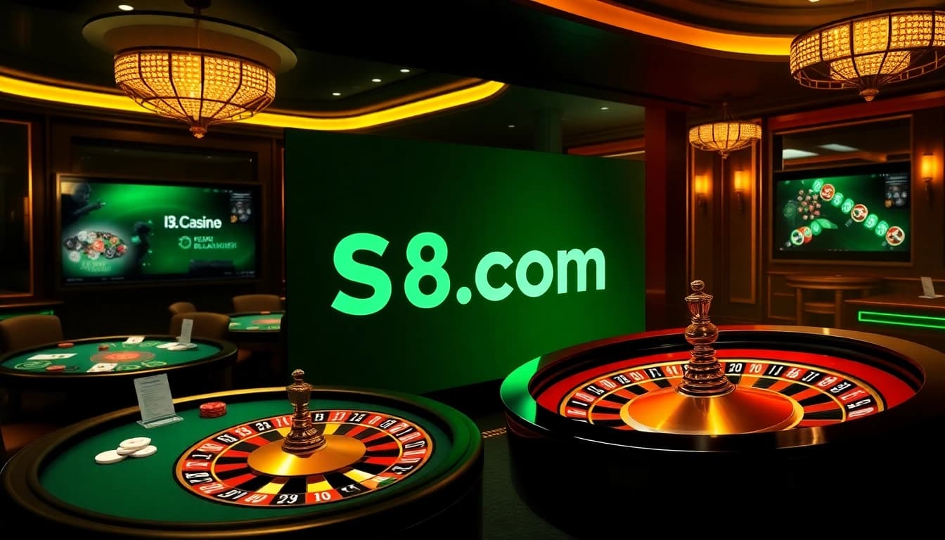 Players engaging in virtual casino games at S8.com surrounded by vibrant poker chips and cards.