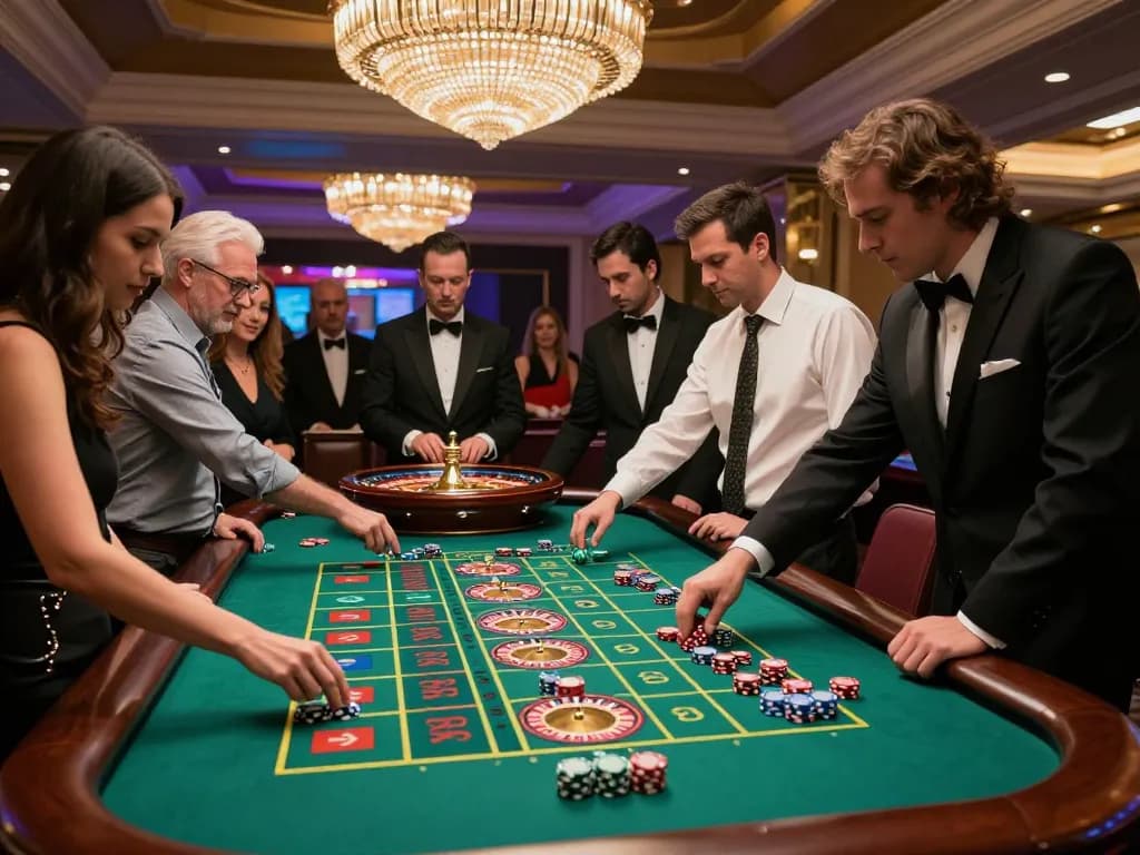 Players placing bets at a roulette table for 789 win in a vibrant casino ambiance