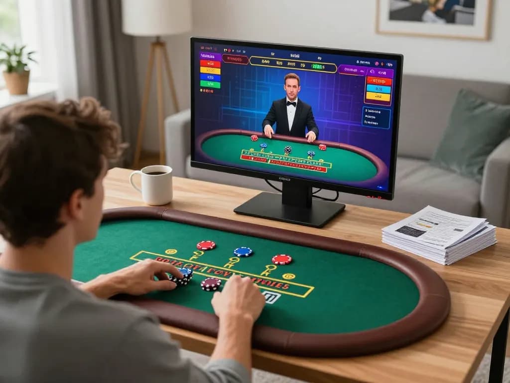 Experience 23winy live dealer blackjack on a laptop in a stylish home office, showcasing immersive gameplay.