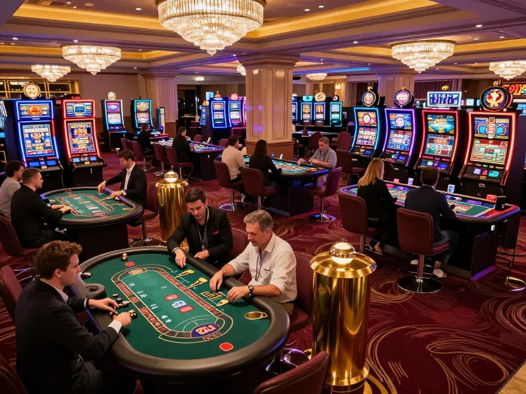 KONG88 players enjoying strategic blackjack and slots in a luxurious casino floor.