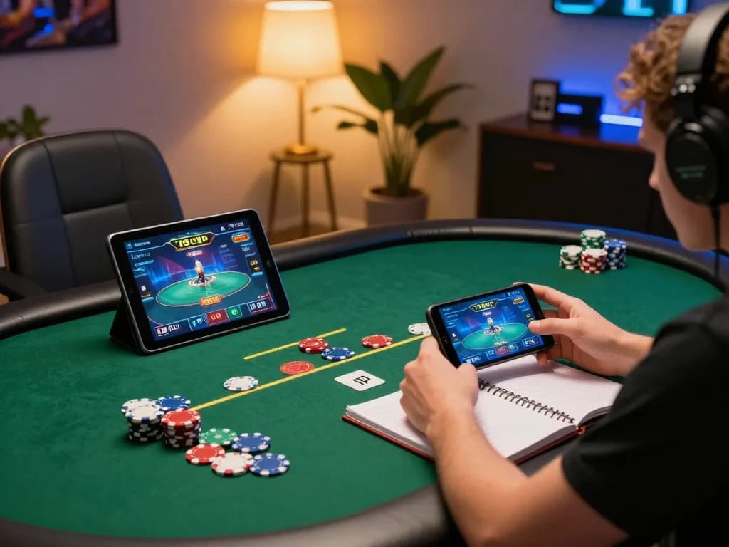 Engaged player exploring online 789P poker game strategy on tablet in a cozy home setup.