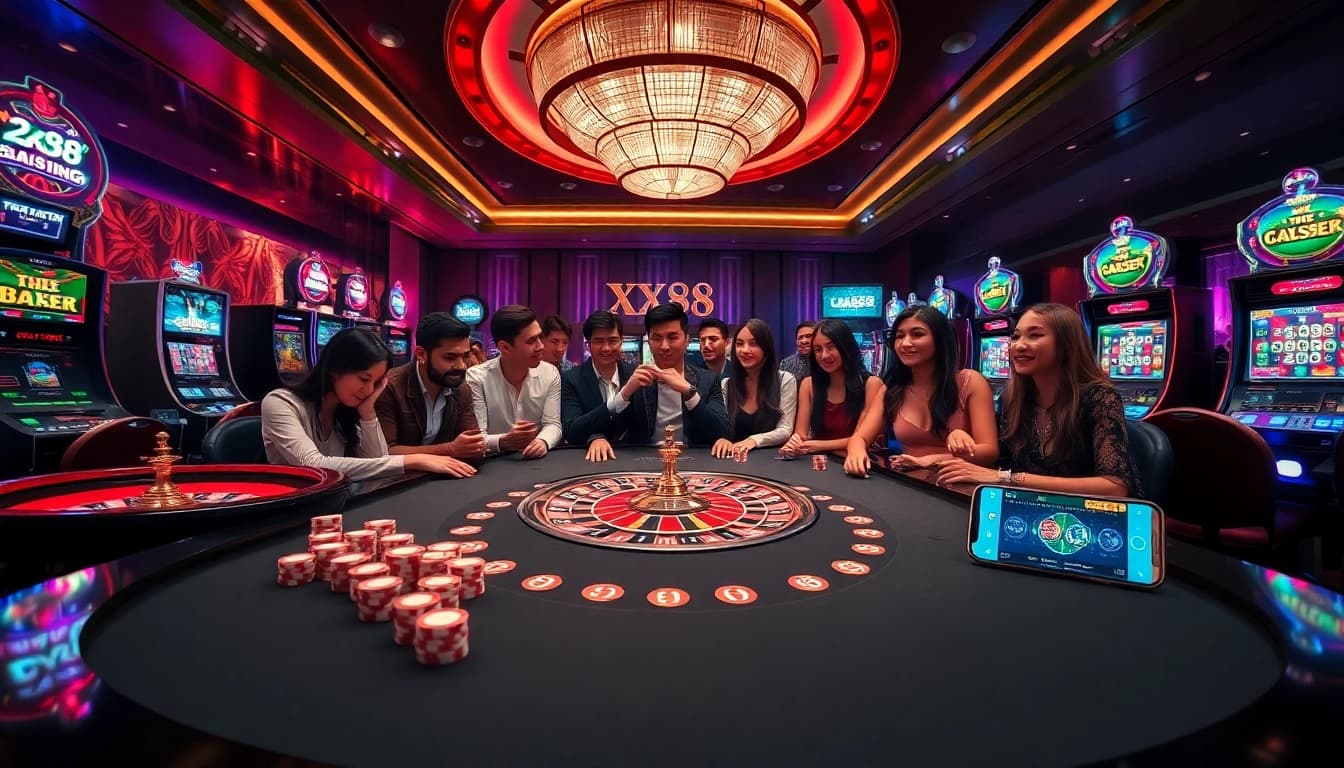 Engaged players enjoying a luxurious casino atmosphere at xx88, with vibrant gambling elements.