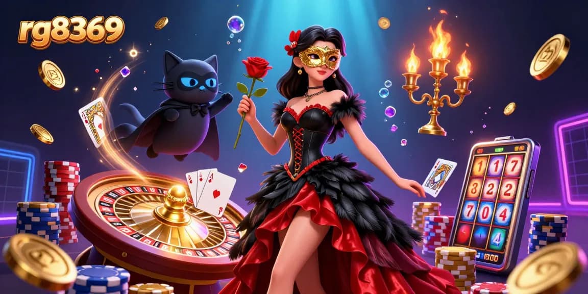 Engage with rg8369 online gaming through this vibrant illustration featuring a stunning woman amidst cascading coins, roulette wheel, and colorful chips.