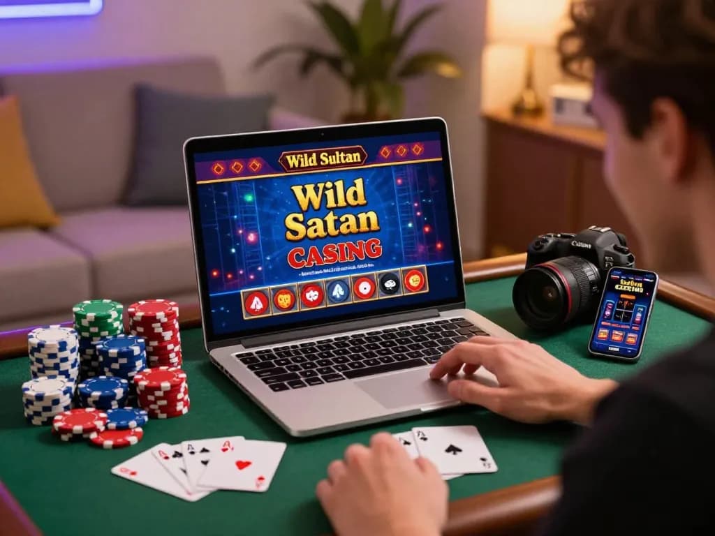 Engaged player enjoying the sultan casino experience at home with poker chips and exciting gaming atmosphere.