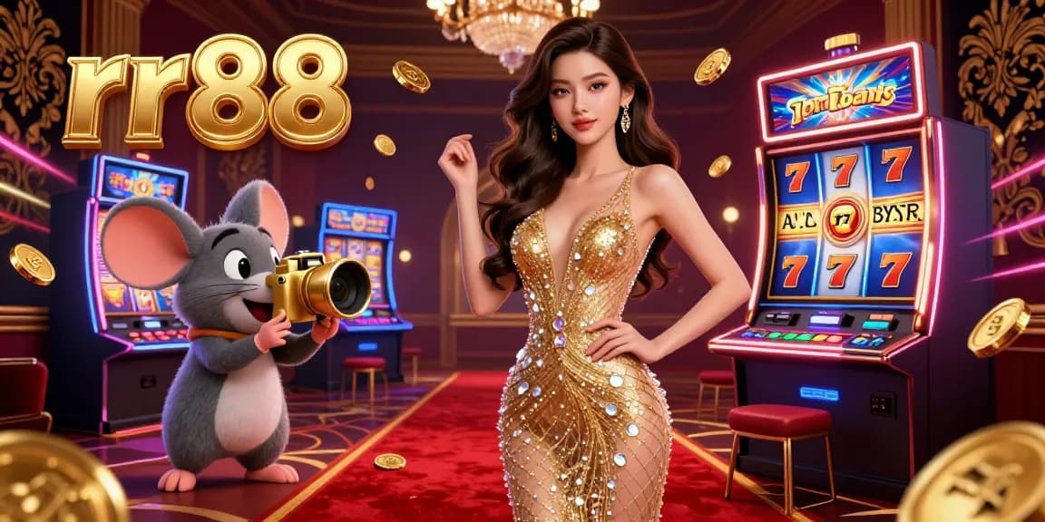 Experience thrilling gaming at rr88 with a glamorous 3D illustration of a woman in a golden gown, surrounded by vibrant slot machines.