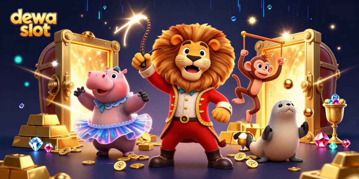 Spin to win at dewa slot with a vibrant 3D circus scene filled with treasure and excitement.