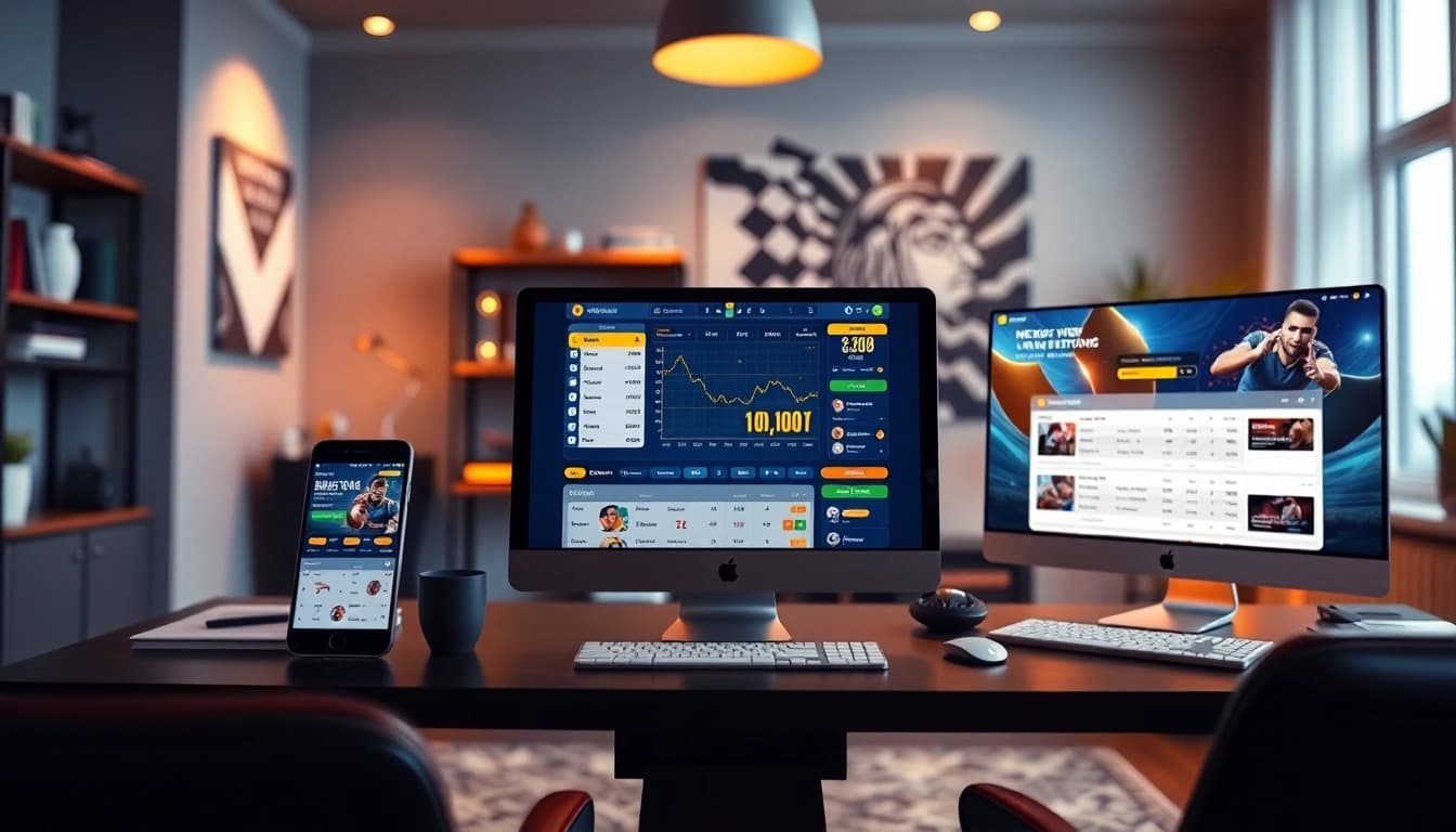 Engaging online betting interface of nhacaiuytin showcasing multiple devices and vibrant promotional elements.