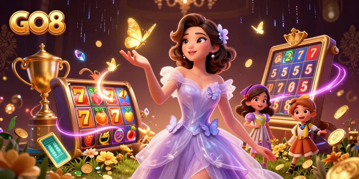 Engage in thrilling games at GO8 with a glamorous Asian woman showcasing the ultimate casino experience.