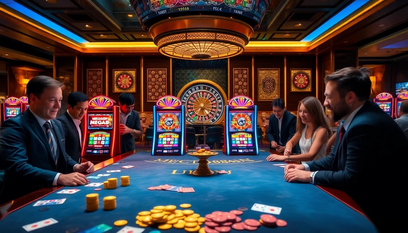Excited players enjoying MEGA888 slot machines in a vibrant casino atmosphere.