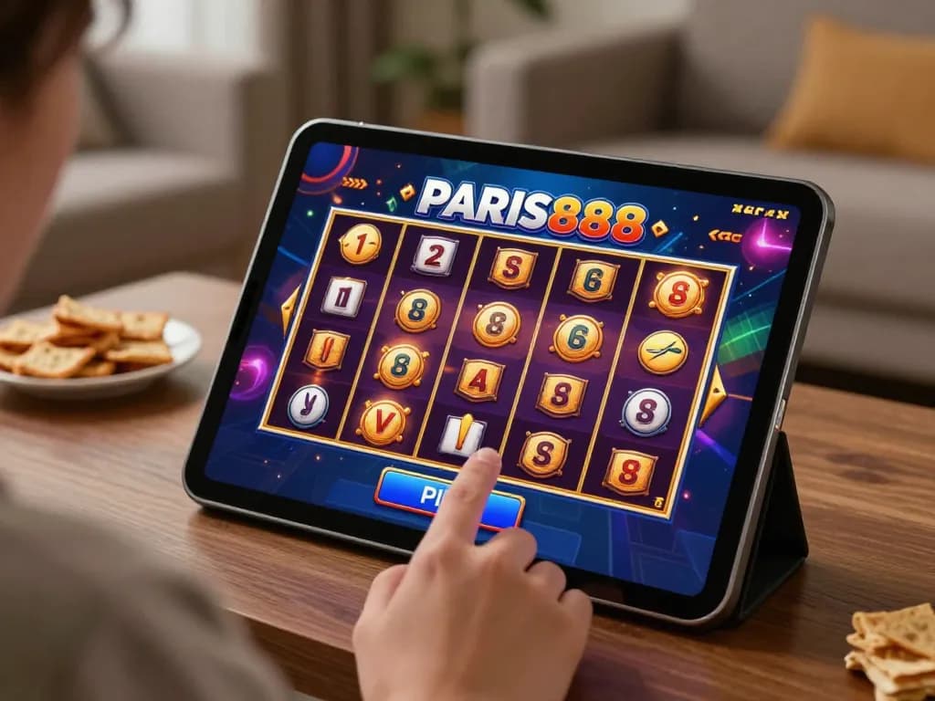 Player engaging with the paris888 online slot game on a tablet, showcasing thrilling gameplay at home.