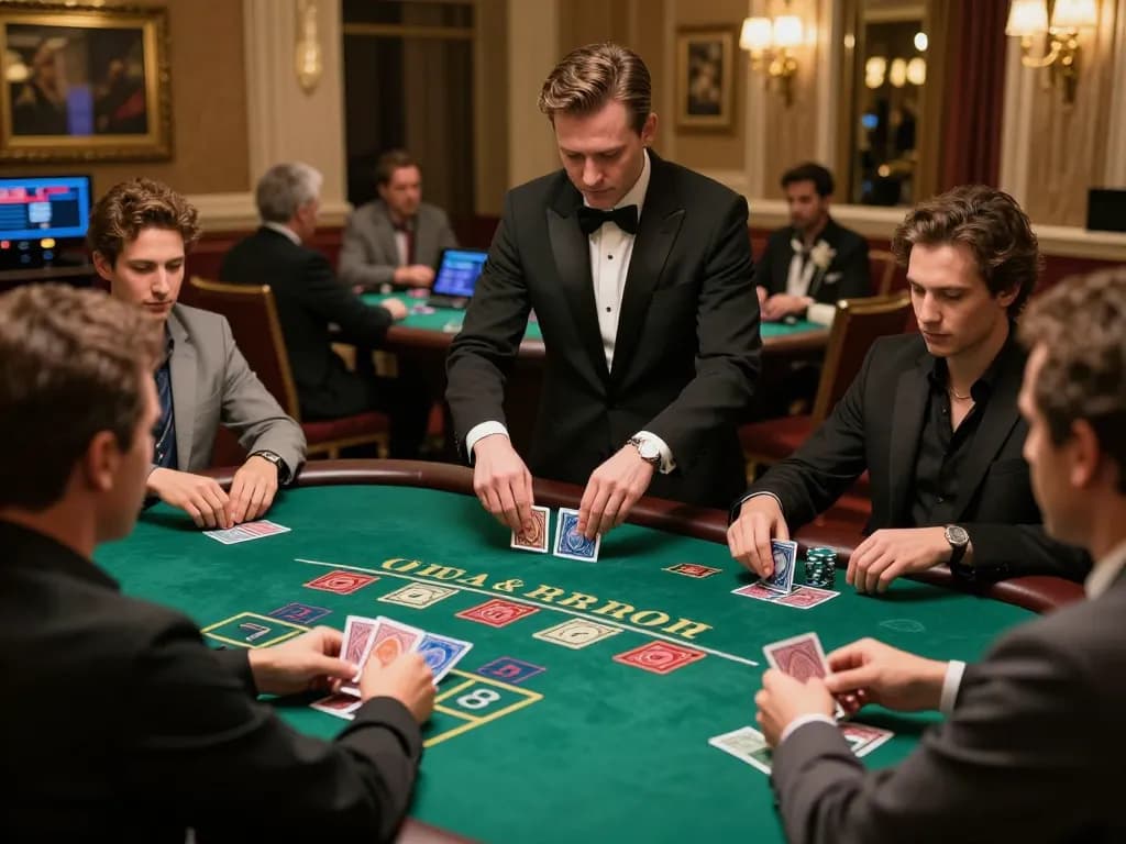 Players at MMOO happily engage in a thrilling blackjack game, showcasing strategic betting and a luxurious casino atmosphere.