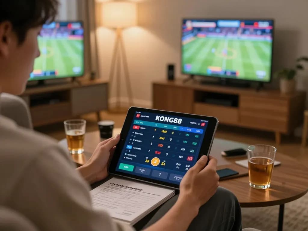 KONG88 sports betting displayed on tablet in cozy home setting with live odds and a focused player.