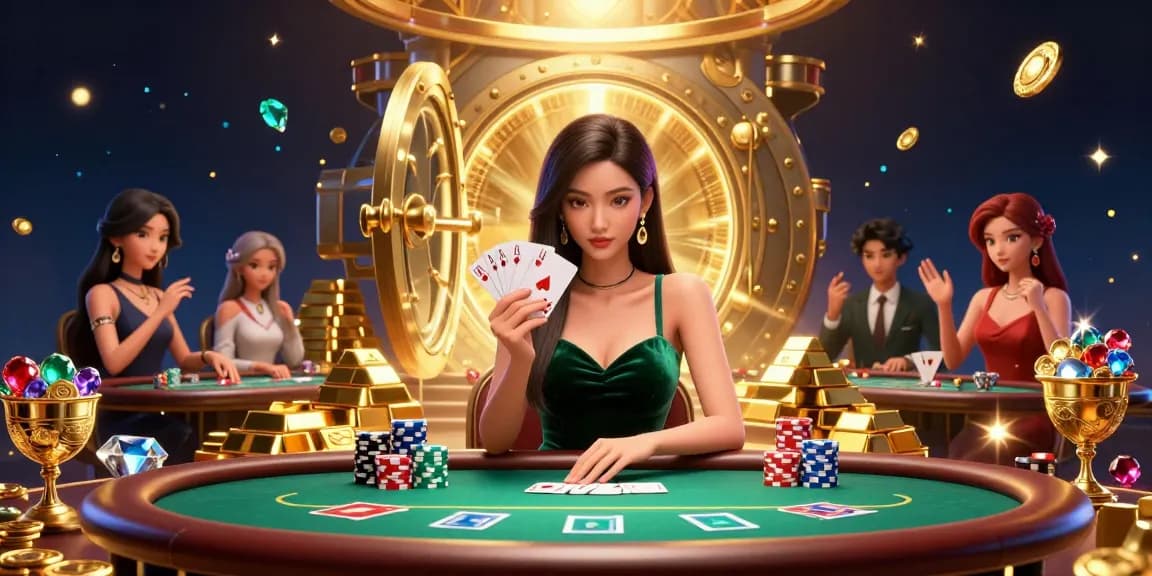 Experience thrilling poker action at pg99, with a stunning Asian dealer in emerald velvet amidst gold treasures.