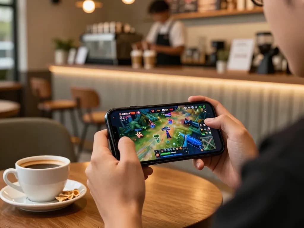 Engaging moment with a player enjoying VENOM889 Datfar on a smartphone in cozy coffee shop.