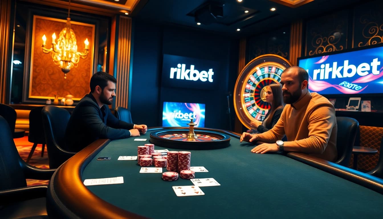 Experience a thrilling poker game at a luxurious table scene featuring rikbet branding and vibrant chips.