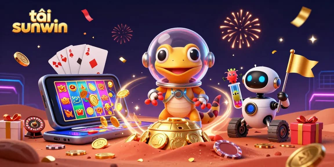 Engage in the vibrant world of tải sunwin with this lively scene showcasing a Martian gecko uncovering a casino.