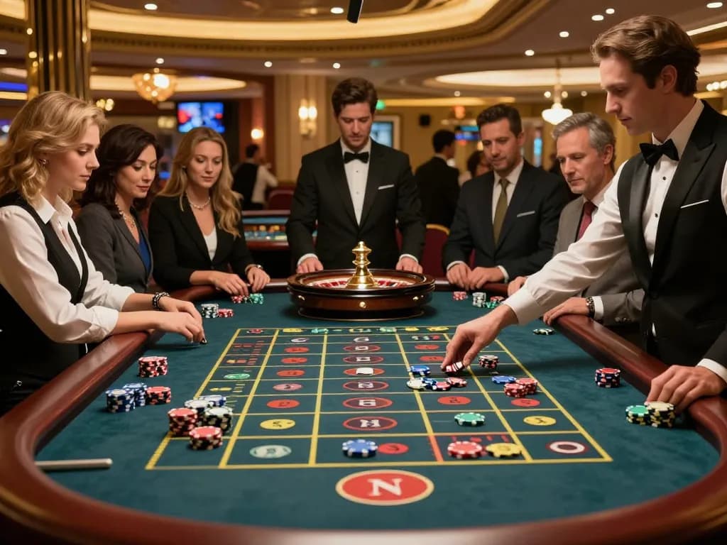 Players engaging with the roulette game at LC88 casino, colors reflecting excitement and atmosphere.