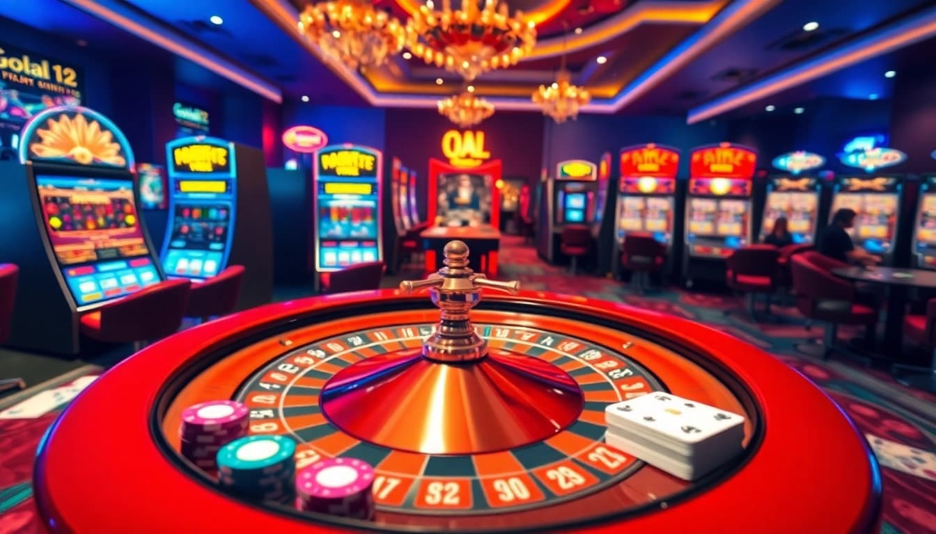 Engaging players at Goal123 slot machines and roulette table in a luxurious online casino setting.