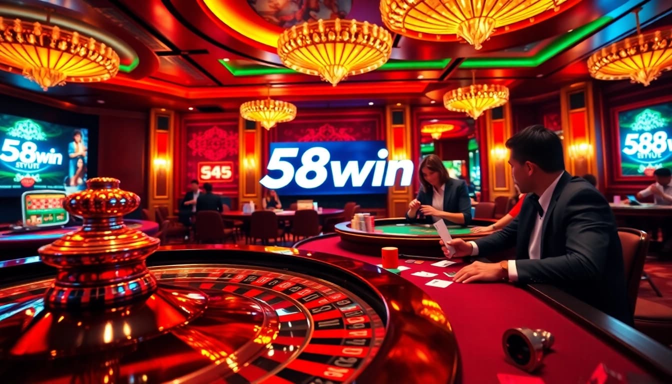 Exciting gaming action at 58win casino with poker chips and roulette wheel.