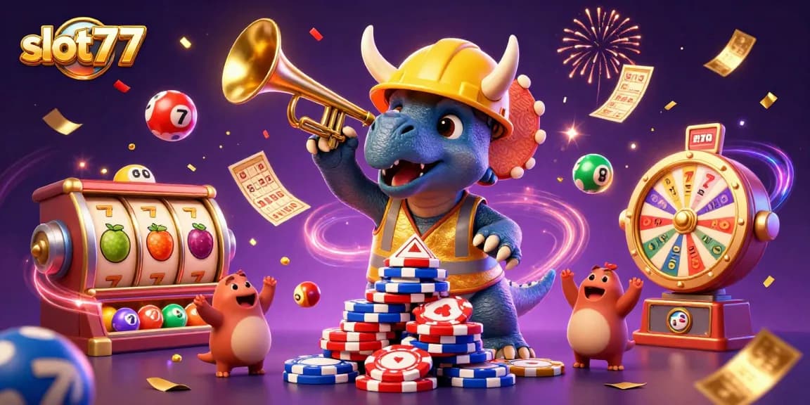 Engage with the vibrant scene of slot777 featuring cartoon dinosaurs celebrating a big win with colorful elements.