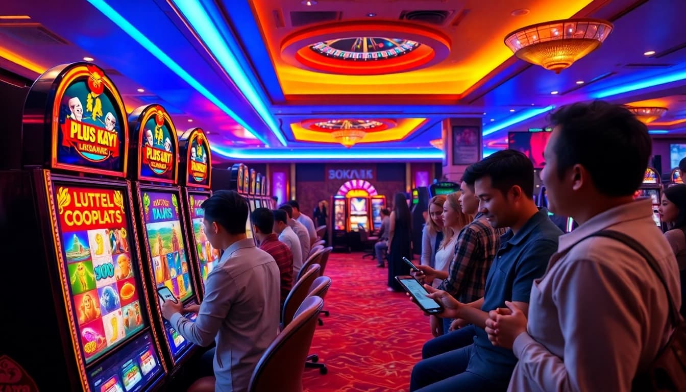 Playing exciting games on 918Kaya PNG slot machines amidst a vibrant casino atmosphere.