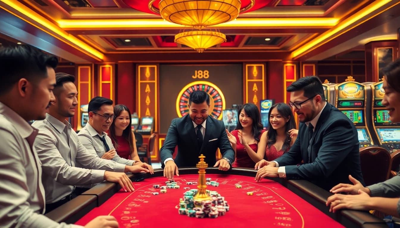 Experience the thrill of J88 at a luxurious casino gaming table with vibrant colors and excited players.