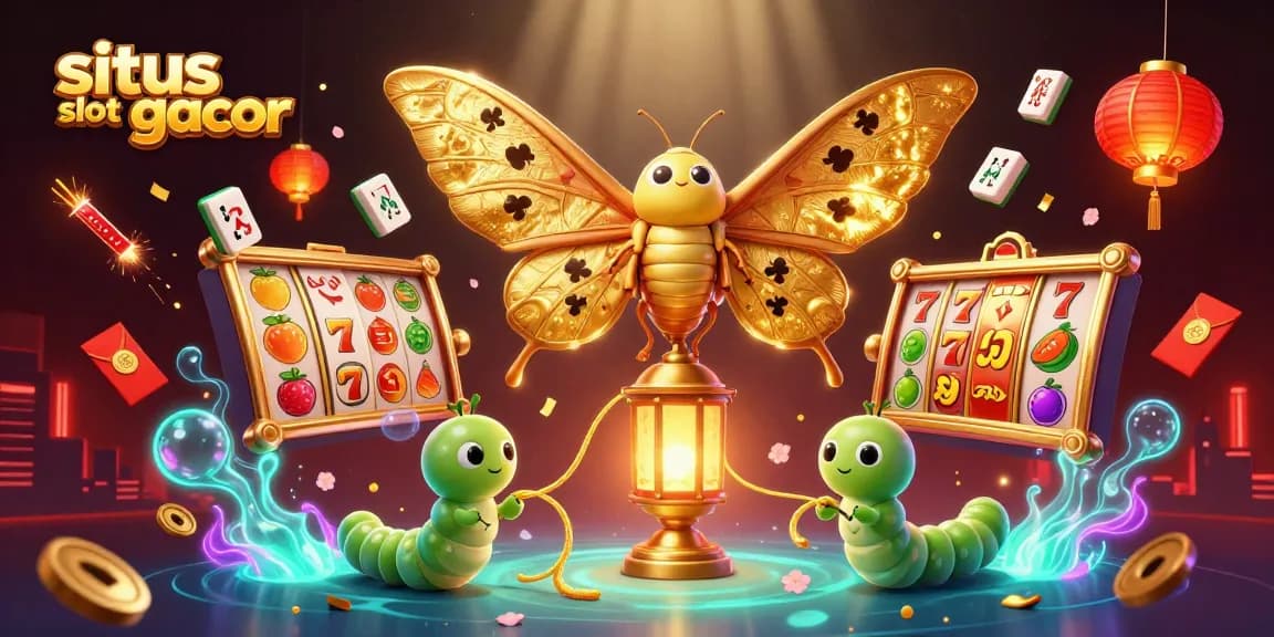 Engage with situs slot gacor featuring a vibrant casino scene with 3D slots, moths, and festive elements.