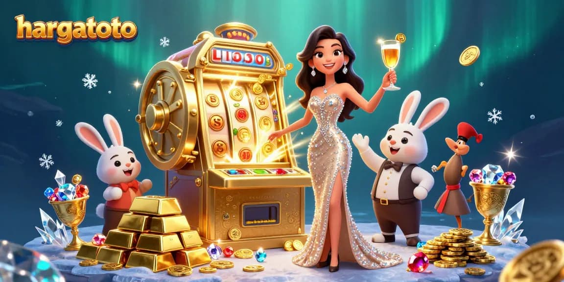 Engage with hargatoto's vibrant casino scene featuring a glamorous player, jackpot slot, and festive elements.