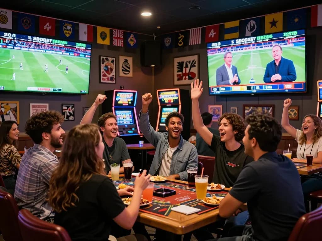 SBOBET sports betting celebration in a lively sports bar with friends cheering.