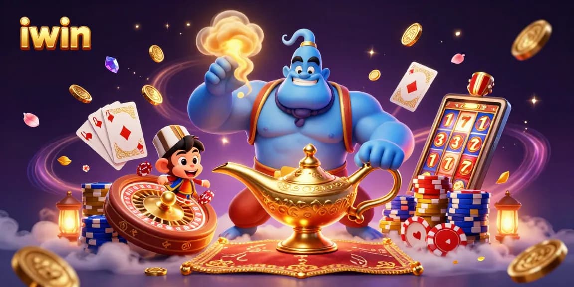Experience the thrill of iwin with a lively scene featuring a genie, treasure, and poker chips.