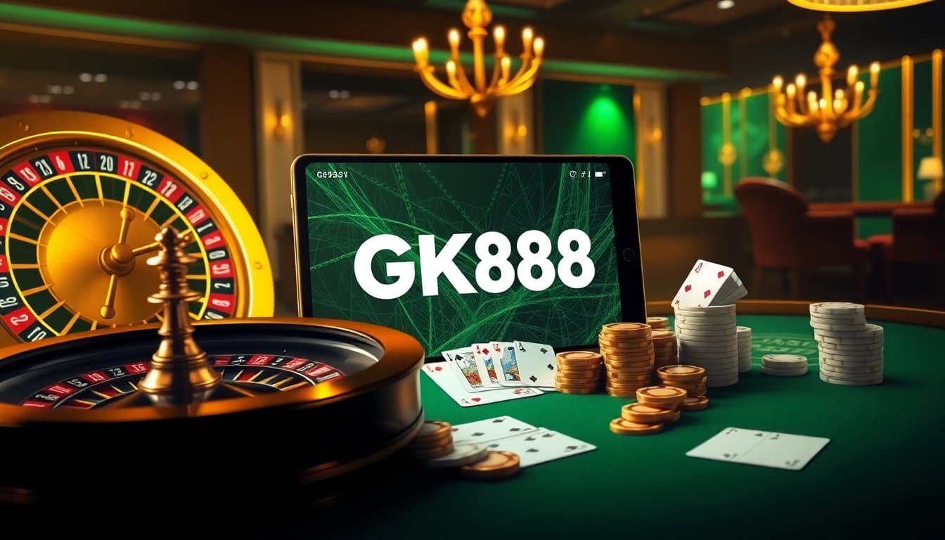 Experience the thrill of GK88 with luxurious casino visuals showcasing roulette and poker excitement.