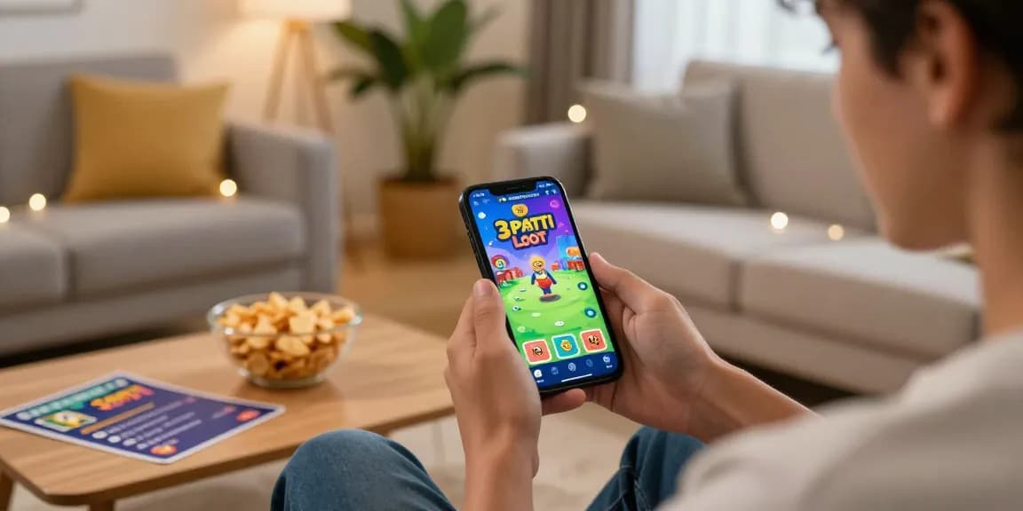 This page showcases a player enjoying the 3 Patti Loot card game app in a cozy living room.