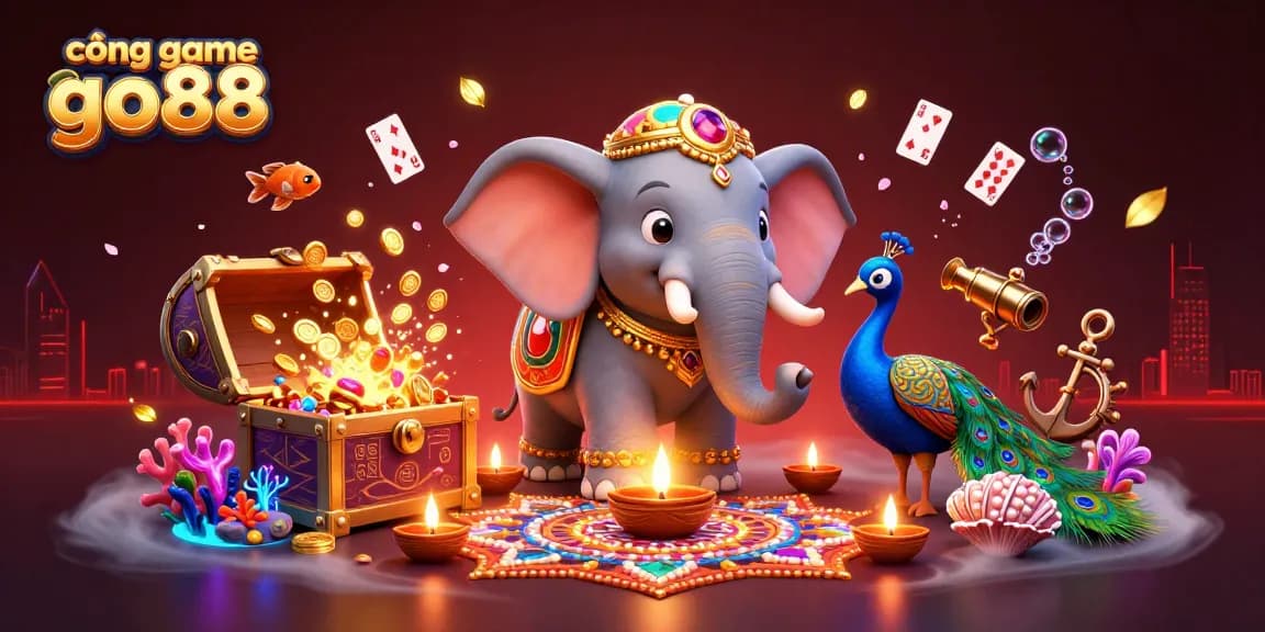 Engage with cổng game go88 through dynamic 3D casino elements featuring colorful characters and vibrant treasures.