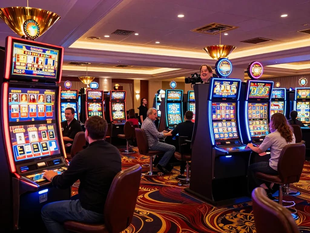Players celebrating at slot machines in a vibrant casino setting with dynamic lighting