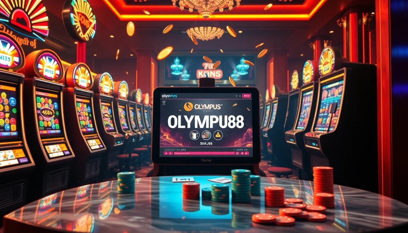 OLYMPUS88 slot machines showcase vibrant wins with colorful lights and excitement.