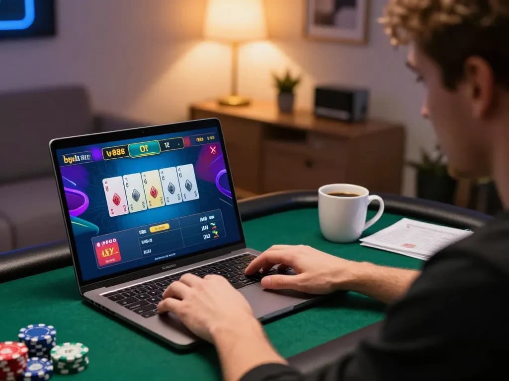 Player strategizing a poker game at home using lv88 online casino platform.