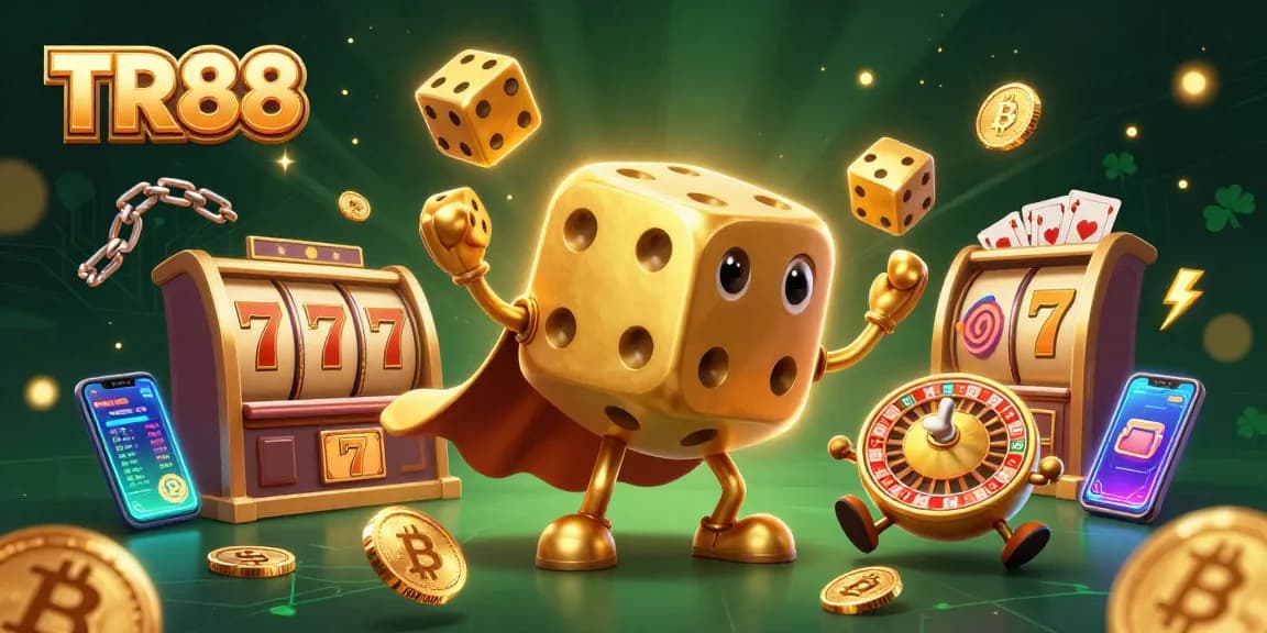 Engage with TR88's exciting gambling world through a vibrant casino illustration with golden dice and slot reels.